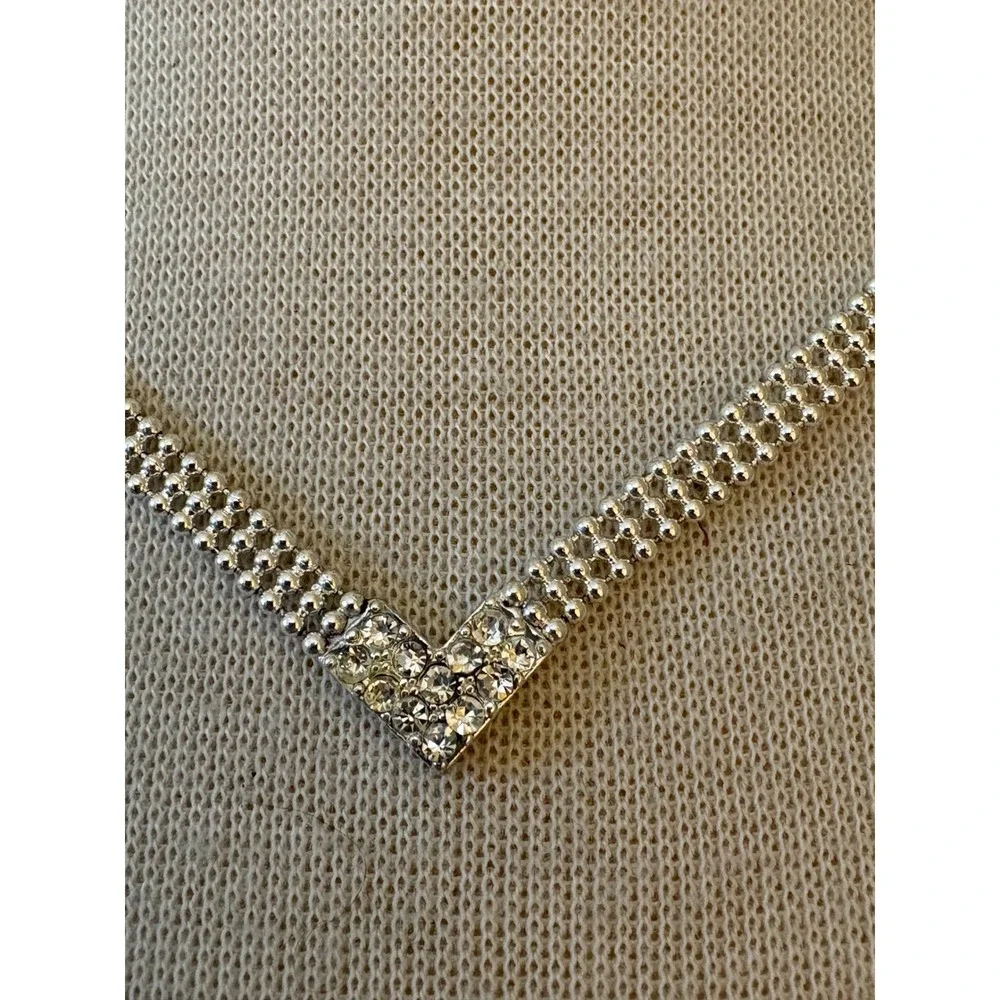 Silver Tone Triple Row Beaded Chevron Rhinestone V Collar Necklace